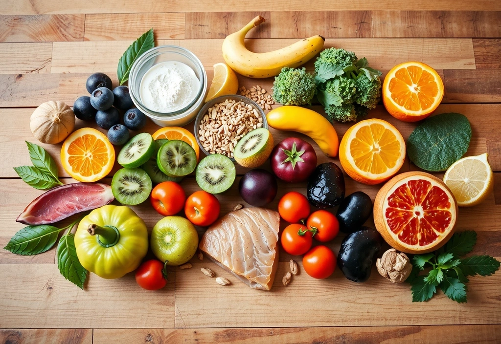 Frisches, buntes Essen auf einem Holztisch in natürlicher Umgebung